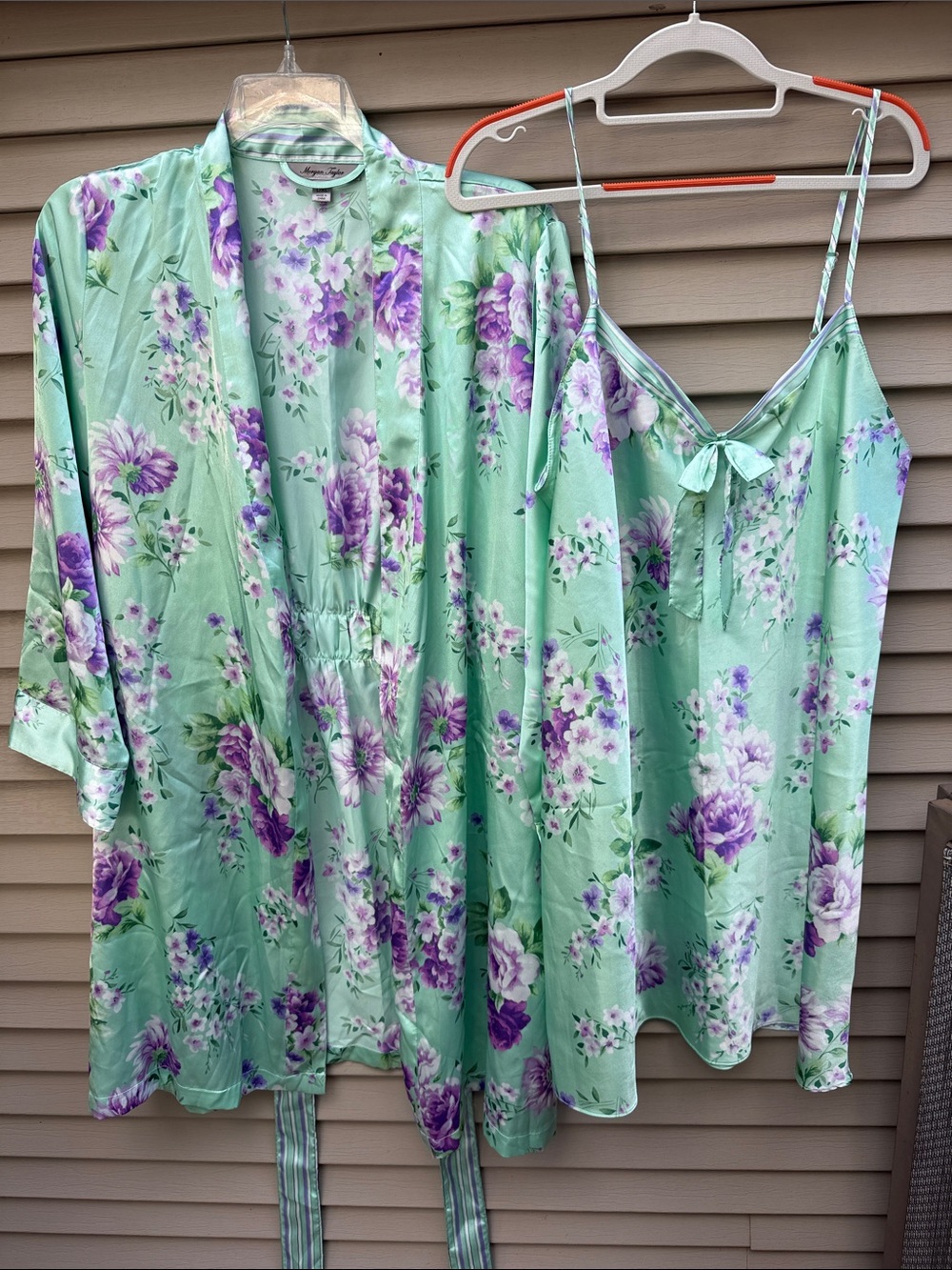 NWOT Morgan Taylor Mint Green / Purple Floral Satin Chemise & Robe Set SZ L/XL